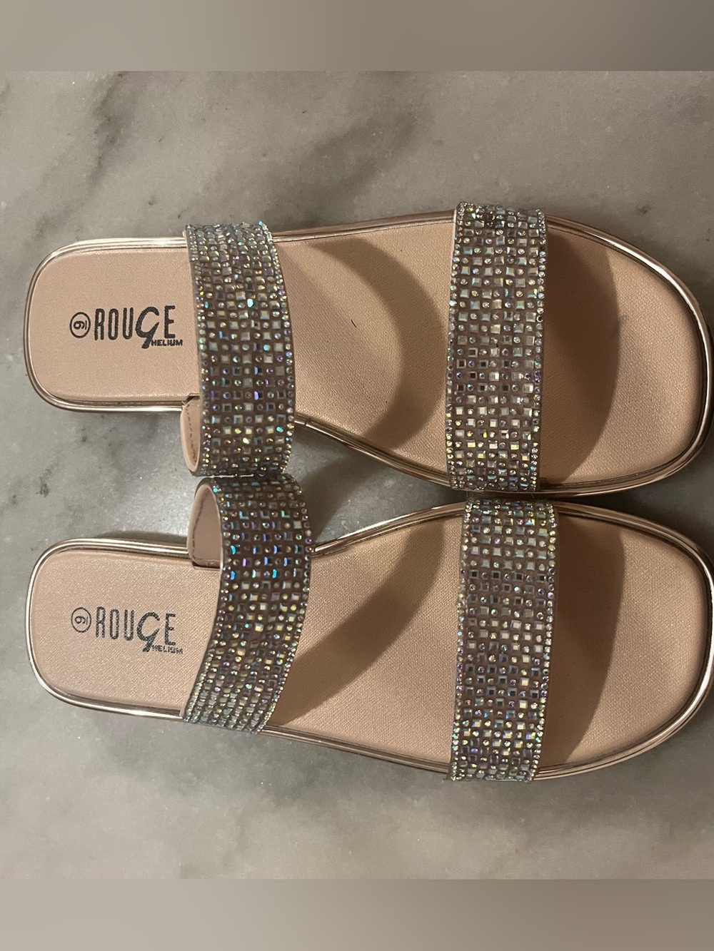 Rouge Helium Nude Crystal Double-Strap Slide Sandals
